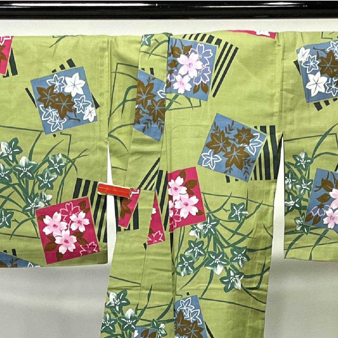 浴衣 浅青朽葉色 桜 紅葉 木綿 Sランク 単衣 身丈163.5cm 裄丈67cm 緑系 1118002262419