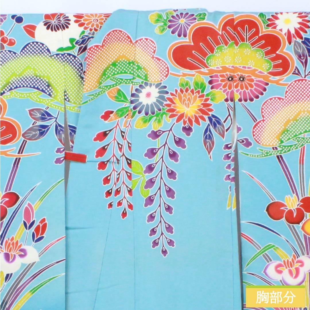 振袖 正絹 Aランク 身丈166.5cm 裄丈64.5cm 袷 水色（みずいろ） 京紅型 ちりめん地 吉祥文様 梅 松 水色系 1113002543524