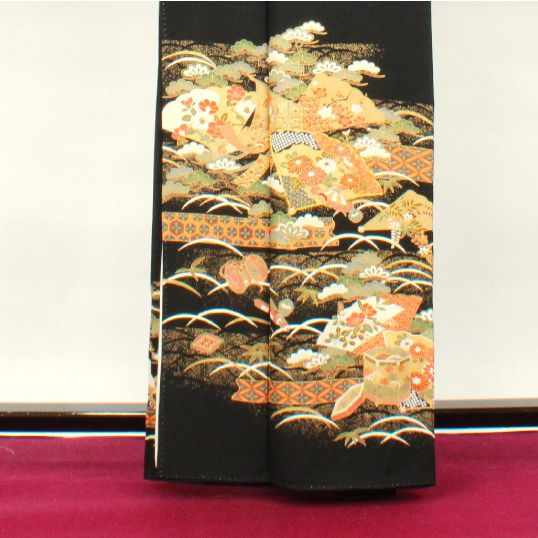 黒留袖 身丈164cm 裄丈62.5cm 袷 京友禅 吉祥文様 丸に三つ巴 正絹 Sランク 五つ紋 黒系 1111000592410
