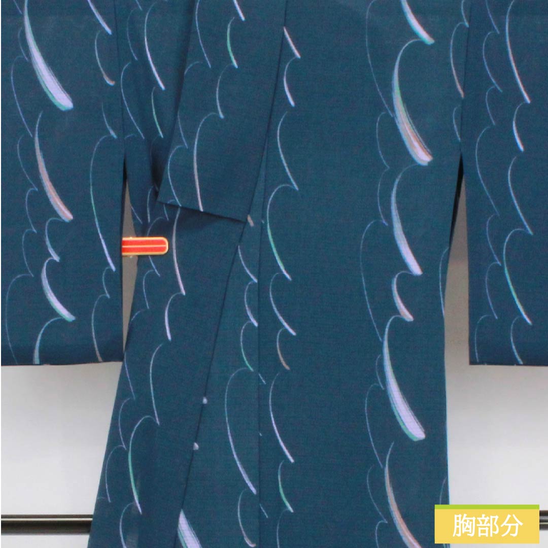 夏物 ポリエステル 小紋 身丈168cm 裄丈66cm 紺鉄色（こんてついろ） 抽象模様 洗える着物 絽 Aランク 紺系 1132002643518