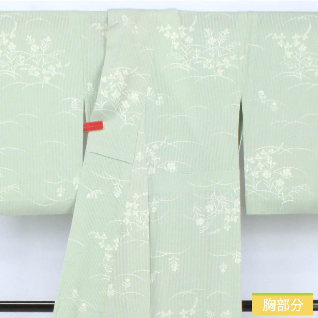 夏物 正絹 小紋 身丈153cm 裄丈62cm 白緑色（びゃくろくいろ） 京友禅 秋草 三松シルクケア 絽 Aランク 緑系 1132002093219