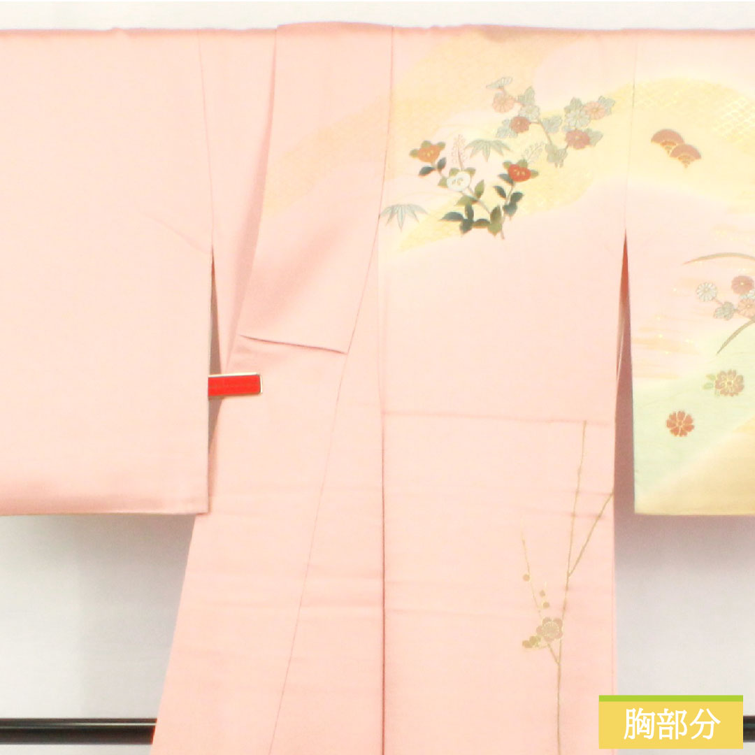 訪問着 正絹 袷 身丈161.5cm 裄丈65.5cm 薄紅梅色（うすこうばいいろ） 京友禅 吉祥文様 Bランク ピンク系 1112006004413