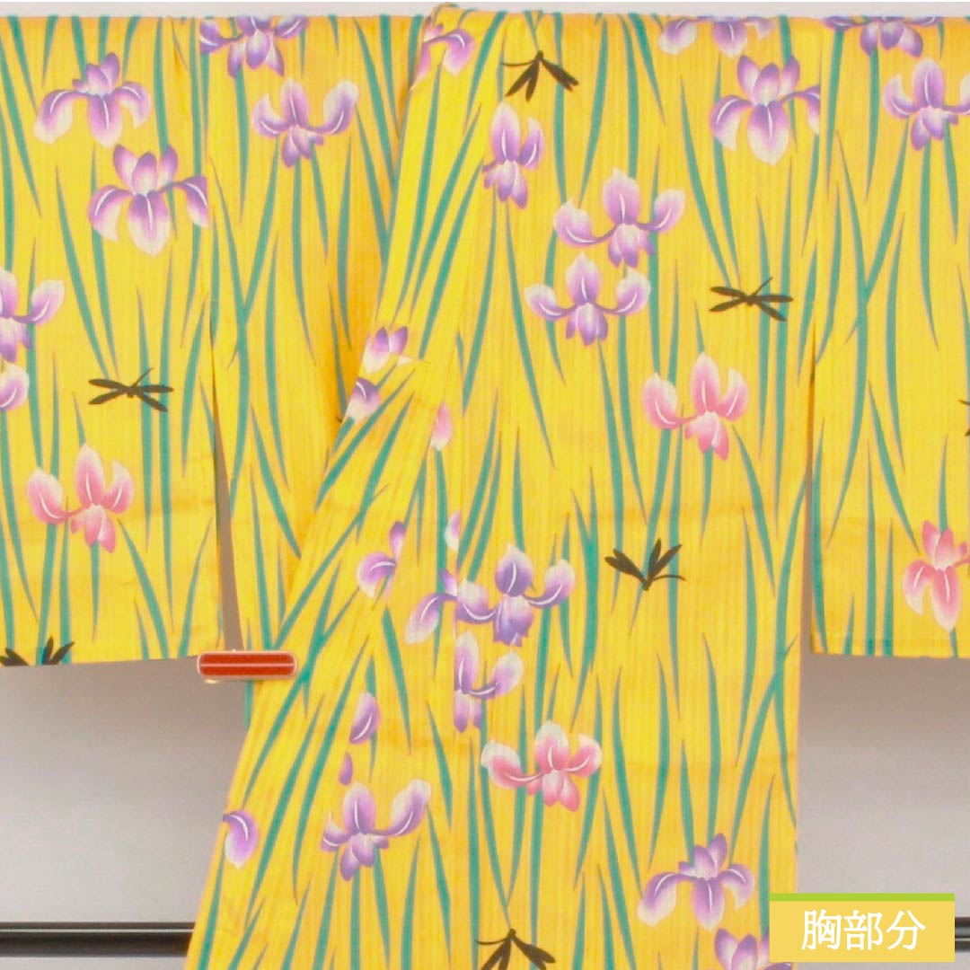 Cotton Yukata, Length 163.5cm, Sleeve Length 66cm, S Rank, Single Layer, Yellow, Kikuchinashiiro (Kikuchinashiro), Iris and Dragonfly Design, 1118006392423