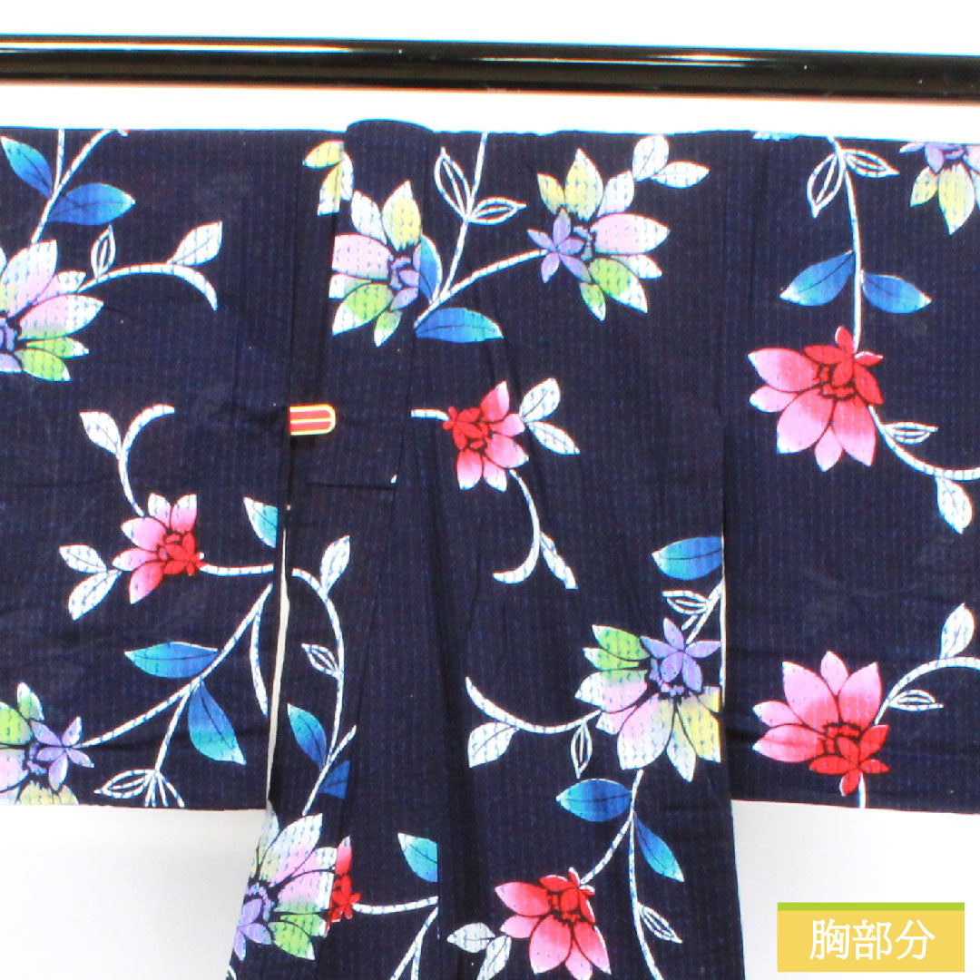 Yukata Cotton Length 158cm Sleeve length 61.5cm S rank Single layer Navy Deep navy Abstract flower 1118004862318