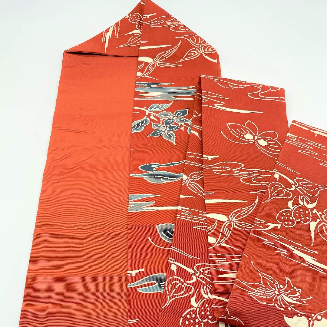 名古屋帯 紅鳶色 蝶 草花模様 帯丈349.5cm 正絹 Bランク 全通 カジュアル 朱系 1124003024316  名古屋仕立て