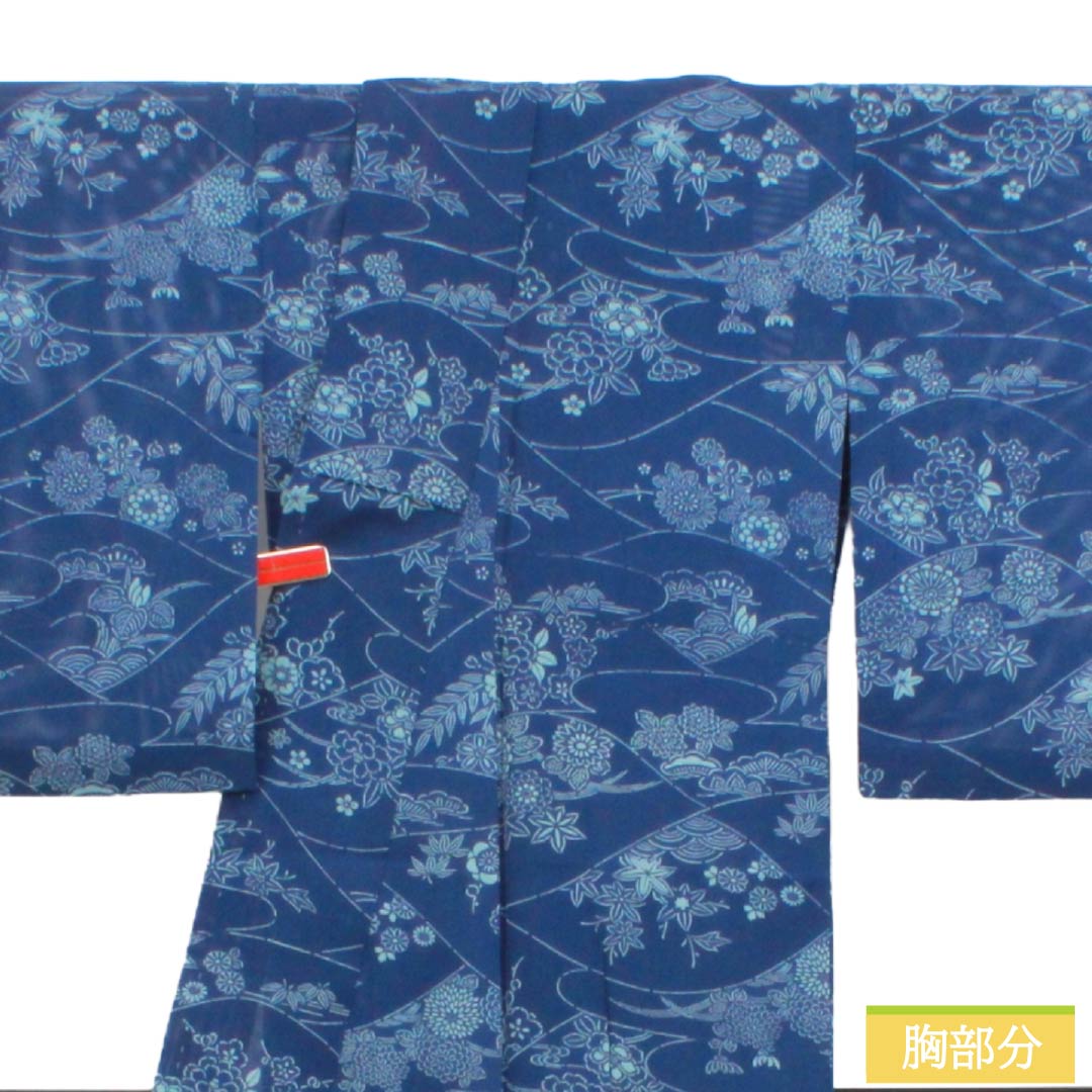 夏物 正絹 小紋 Aランク 身丈156.5cm 裄丈62.5cm 瑠璃色（るりいろ） 型染 吉祥文様 スコッチガード加工 絽 青系 1132004683317