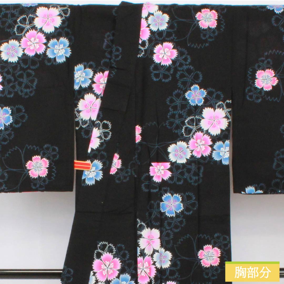Cotton Yukata, Length 160cm, Sleeve Length 66cm, S Rank, Single Layer, Black, Pink, 1118006142410