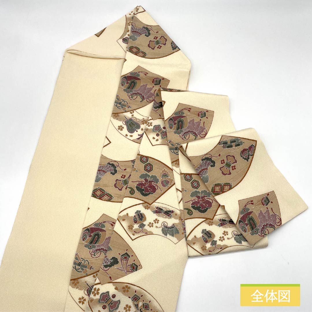 名古屋帯 生成り色（きなりいろ） ちりめん地 染め帯 扇面 帯丈365cm 正絹 Aランク 全通 カジュアル ベージュ系 1124007183325 名古屋仕立て