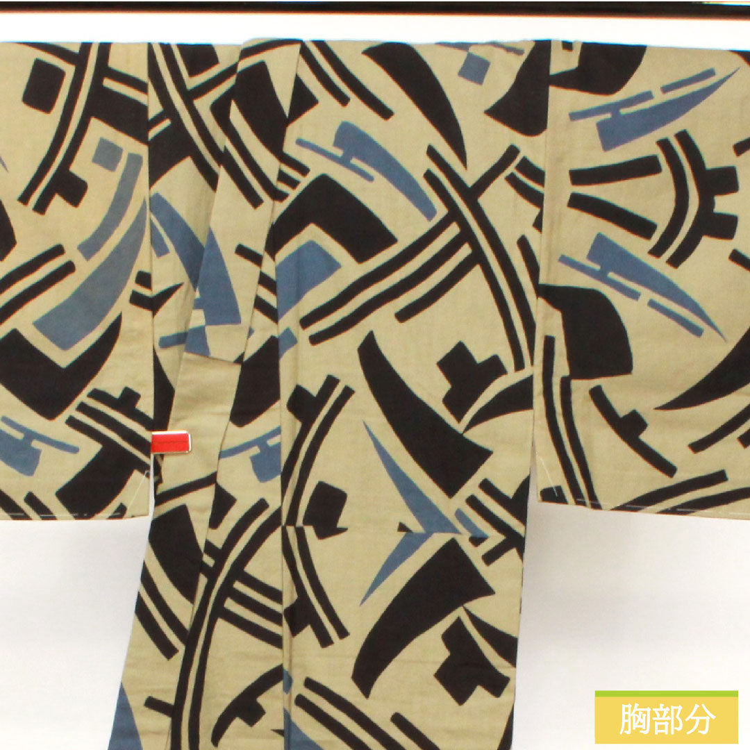 Yukata Cotton Length 143cm Sleeve length 69cm S rank Single layer Beige Edo-nezuiro Men's Abstract pattern 1118005112425