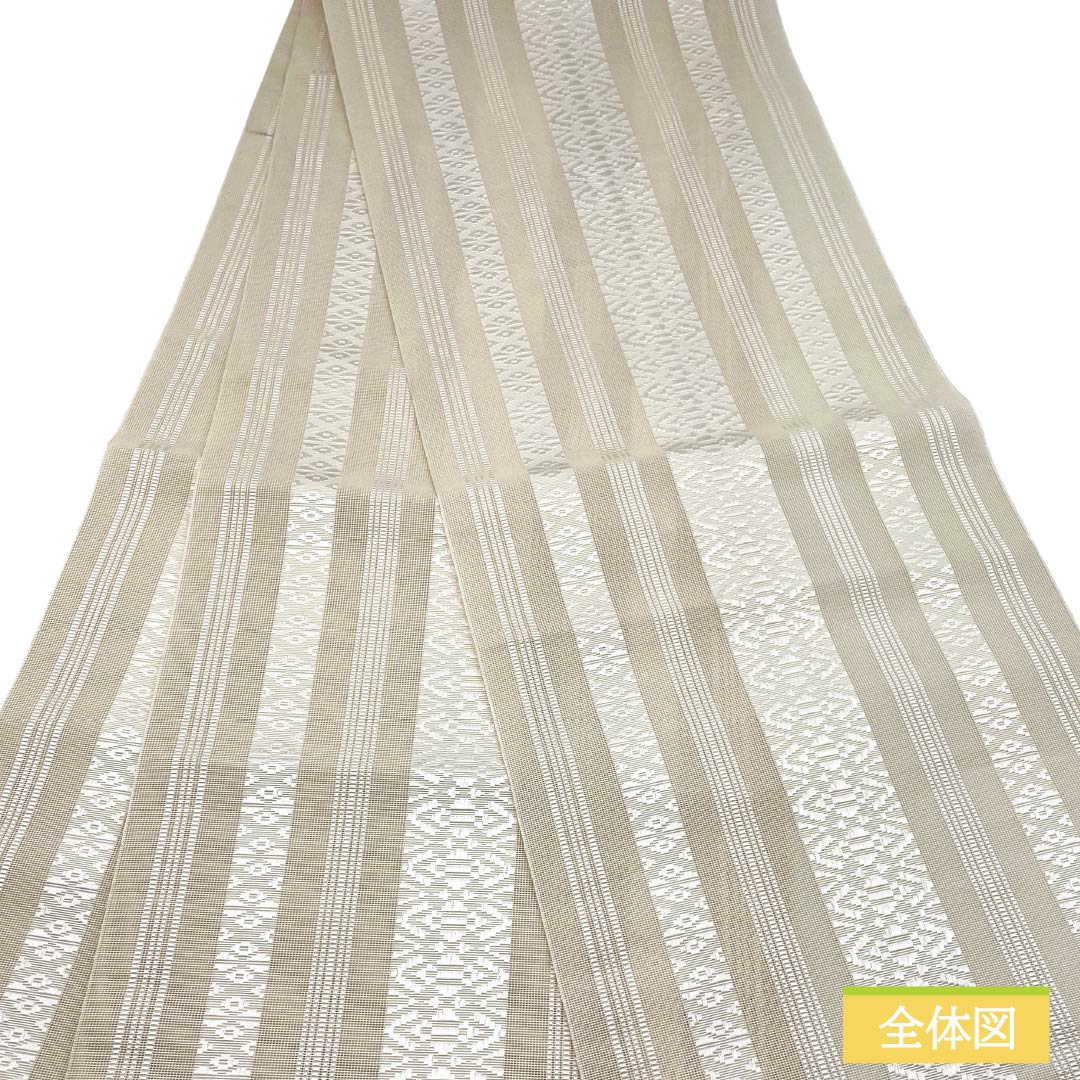 名古屋帯 正絹 Sランク 開き仕立て 練色（ねりいろ） 博多織 献上柄 夏帯 帯丈366cm 全通 カジュアル クリーム系 1124014452315