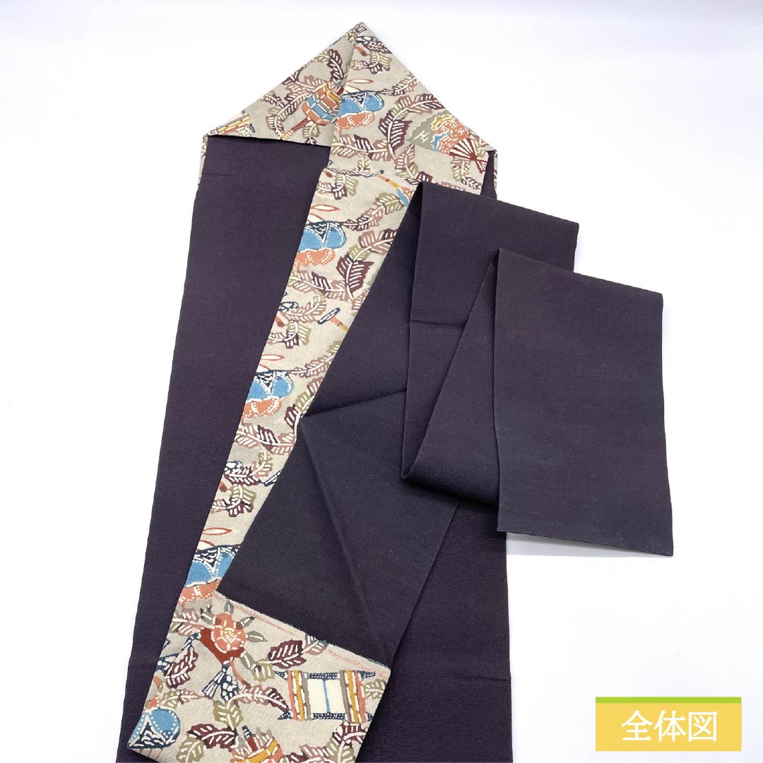 名古屋帯 正絹 Aランク 蕎麦切色（そばきりいろ） 型染 紅型調 抽象花 帯丈340cm 六通 カジュアル グレー系 1124010443322 名古屋仕立て