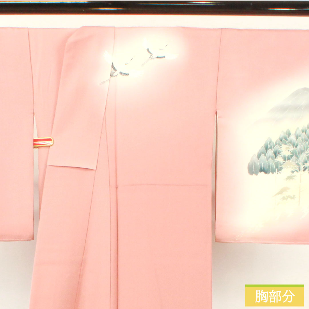 訪問着 正絹 袷 身丈170.5cm 裄丈69.5cm 一重梅色（ひとえうめいろ） 京友禅 比翼仕立て 風景模様 鶴 三つ紋 Sランク ピンク系 1112004612613