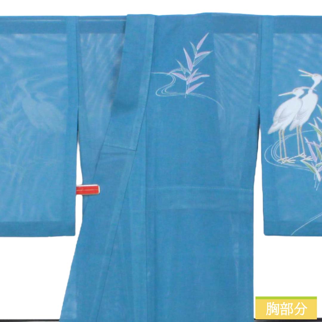 夏物 ポリエステル 付下げ Sランク 身丈157cm 裄丈67cm 甕覗色（かめのぞきいろ） 洗える着物 サギ 笹 絽 青系 1132006272317