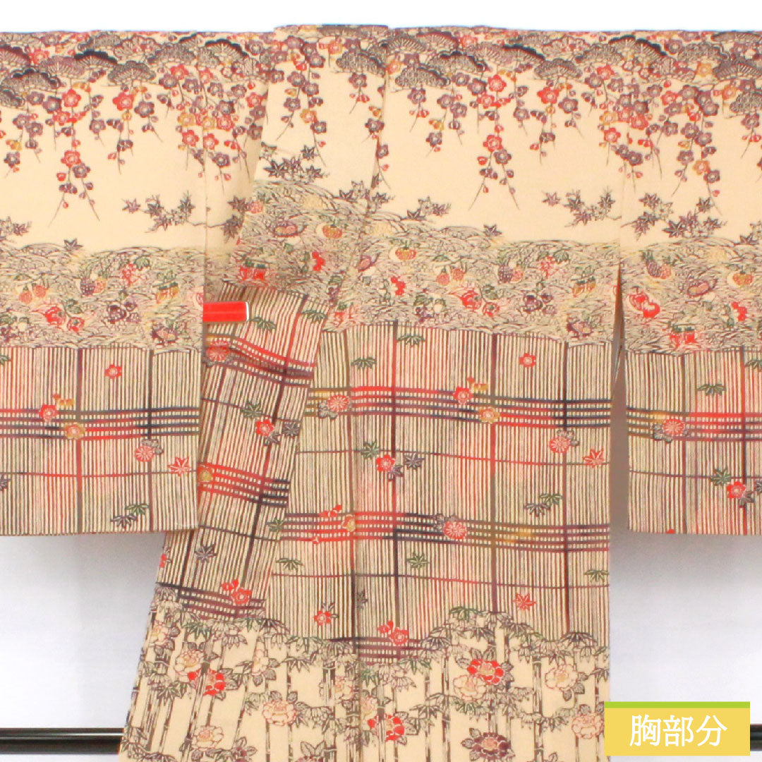 訪問着 正絹 袷 身丈172cm 裄丈64.5cm 松染色（まつぞめいろ） 京紅型 吉祥文様 シルファイン加工 ちりめん地 Sランク ベージュ系 1112005982625