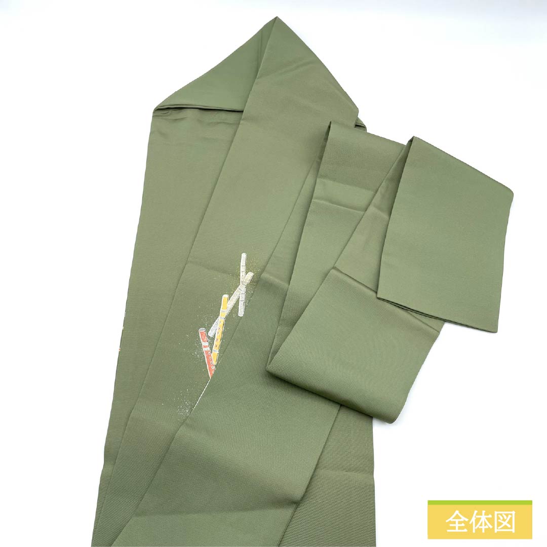名古屋帯 正絹 Sランク 岩井茶色（いわいちゃいろ） 染め帯 笛 帯丈372cm ポイント柄 セミフォーマル 緑系 1124010672319 名古屋仕立て