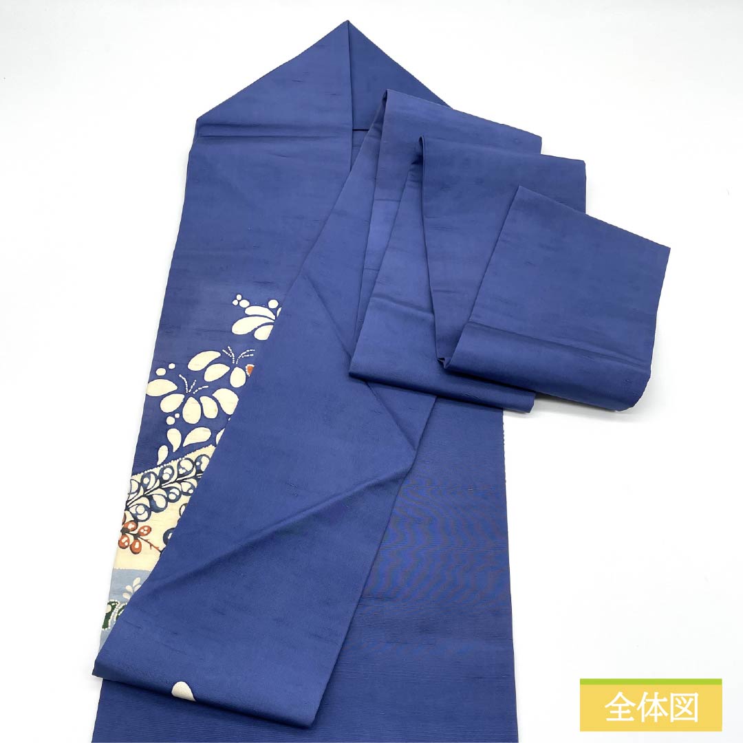 名古屋帯 韓藍色（からあいいろ） 紬地 辻ヶ花 染め帯 帯丈358cm 正絹 Bランク ポイント柄 カジュアル 青系 1124008264317 名古屋仕立て