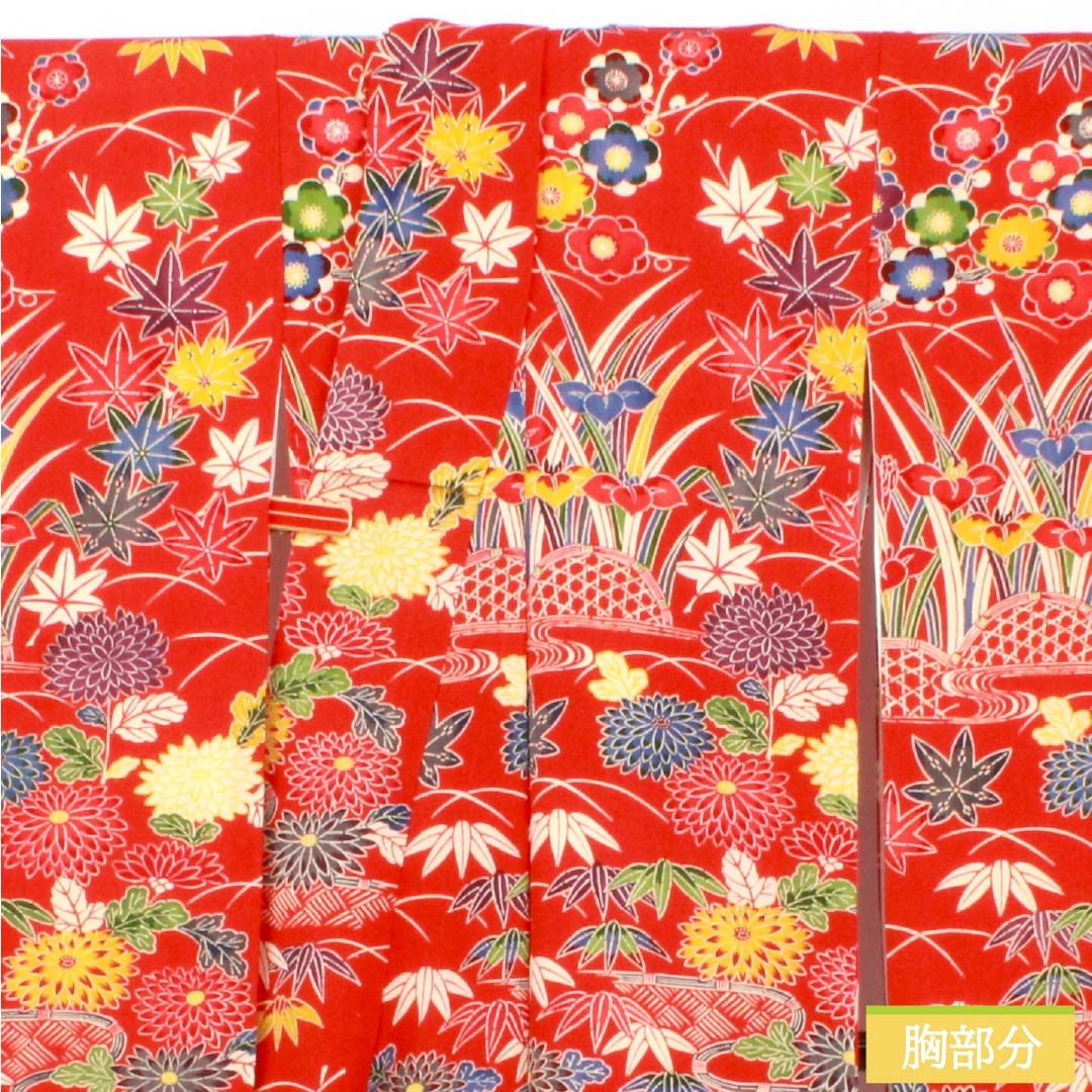 Furisode (long-sleeved kimono) made of pure silk, grade A, length 158.5cm, sleeve length 66cm, lined, red, Kyoto Bingata pattern, auspicious motifs of plum blossoms, irises, and flowing water, red tones, product number 1113002633312