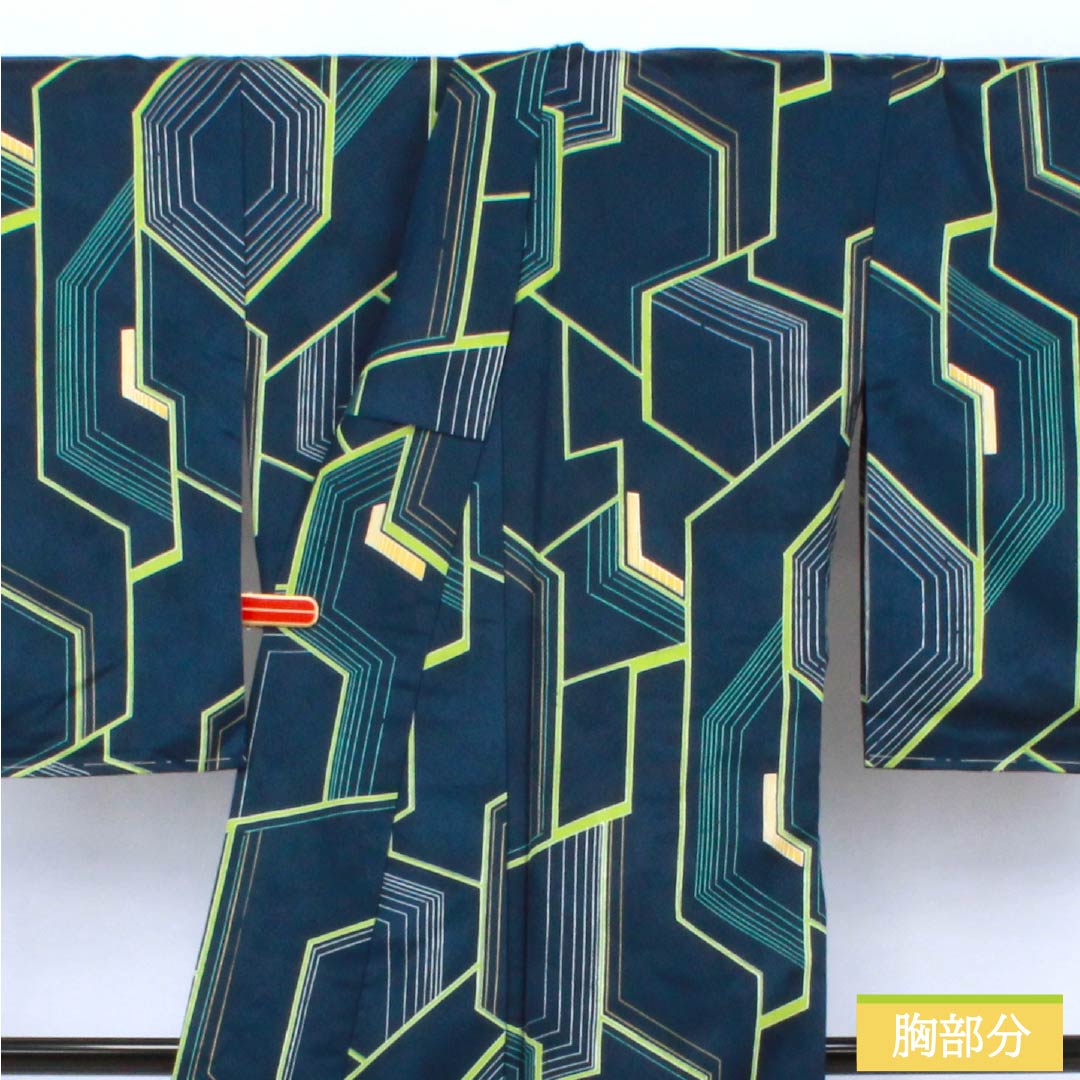 Komon (small pattern) polyester kimono, A rank, length 162.5cm, sleeve length 65cm, lined, navy blue (kon-iro) with geometric patterns, washable, navy blue, 1115007403418