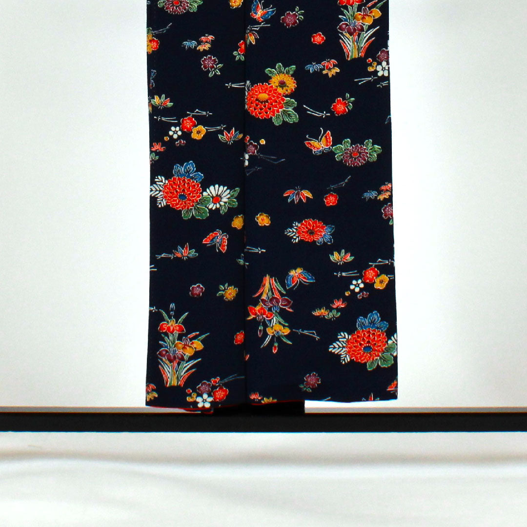 小紋 身丈154cm 裄丈66cm 袷  型染 松竹梅 花模様  正絹 Aランク 紺系 1115001213218