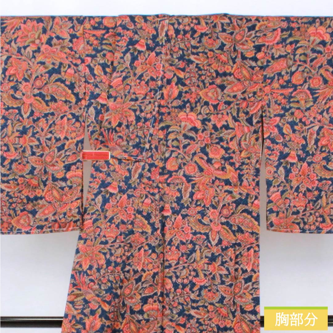 小紋 正絹 Sランク 身丈161cm 裄丈62.5cm 袷 鉄蒲萄色（てつぶどういろ） 更紗 しつけ糸付き 紺系 1115007142418