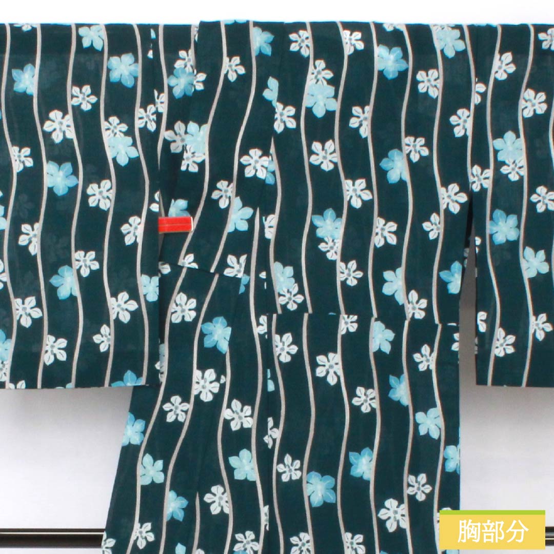 夏物 ポリエステル 小紋 身丈167cm 裄丈69cm 高麗納戸色（こうらいなんどいろ） よろけ縞 花 洗える着物 紗 Sランク 青系 1132002352517