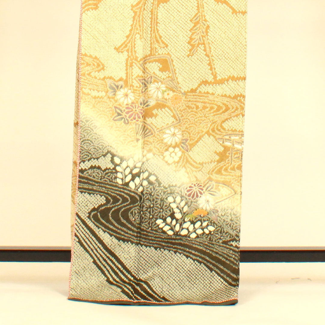 訪問着 袷 身丈167cm 裄丈69cm 総絞り 刺繍 吉祥文様 正絹 Sランク 黄系 1112000562523