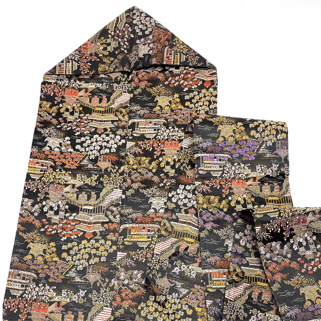 名古屋帯 黒色 寺院 花模様 帯丈339cm 正絹 Sランク 全通 カジュアル 黒系 1124003792310  名古屋仕立て