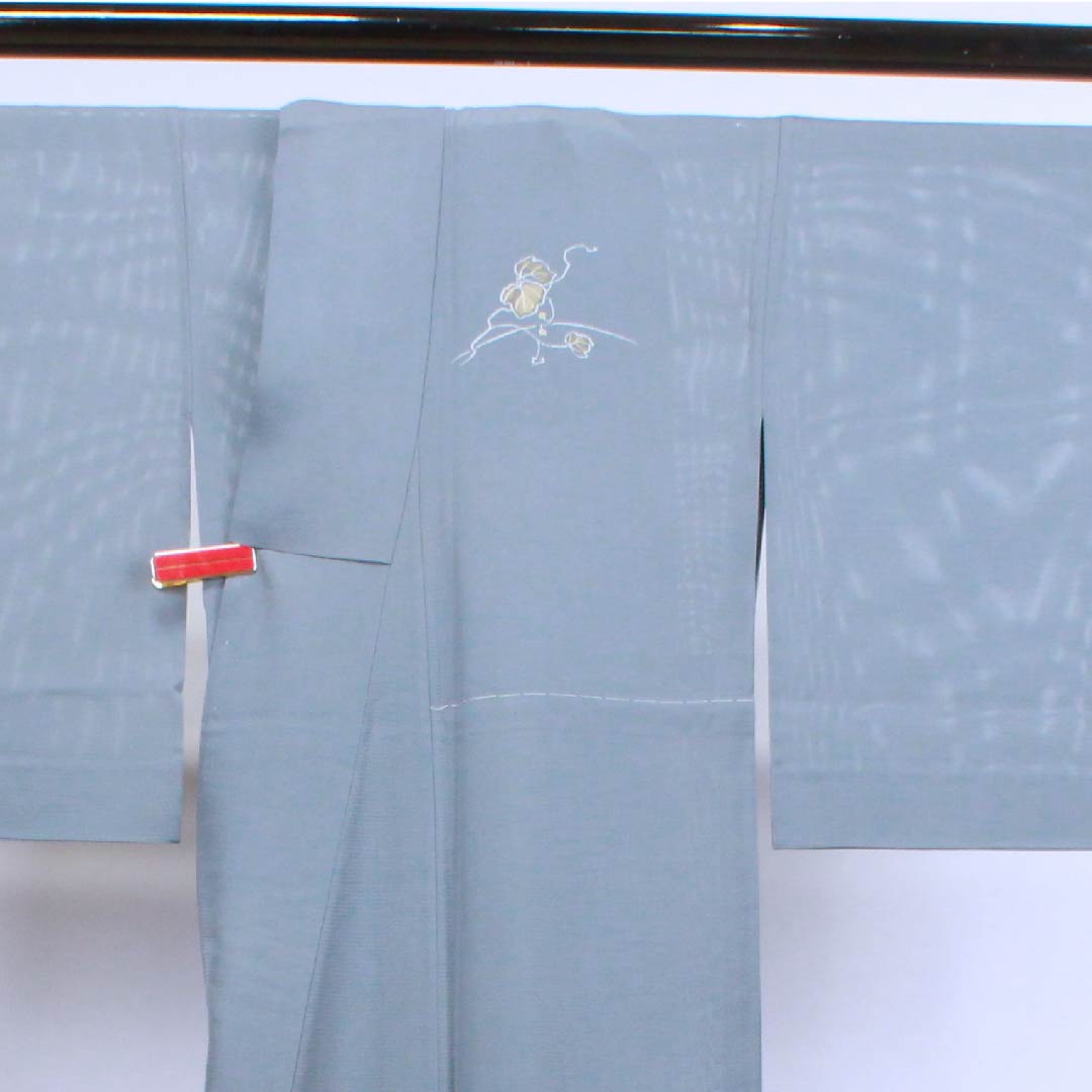 夏物 正絹 訪問着 身丈165cm 裄丈66.5cm 灰青色（はいあおいろ）鈴虫 ススキ 絽 Sランク グレー系 1132000052522