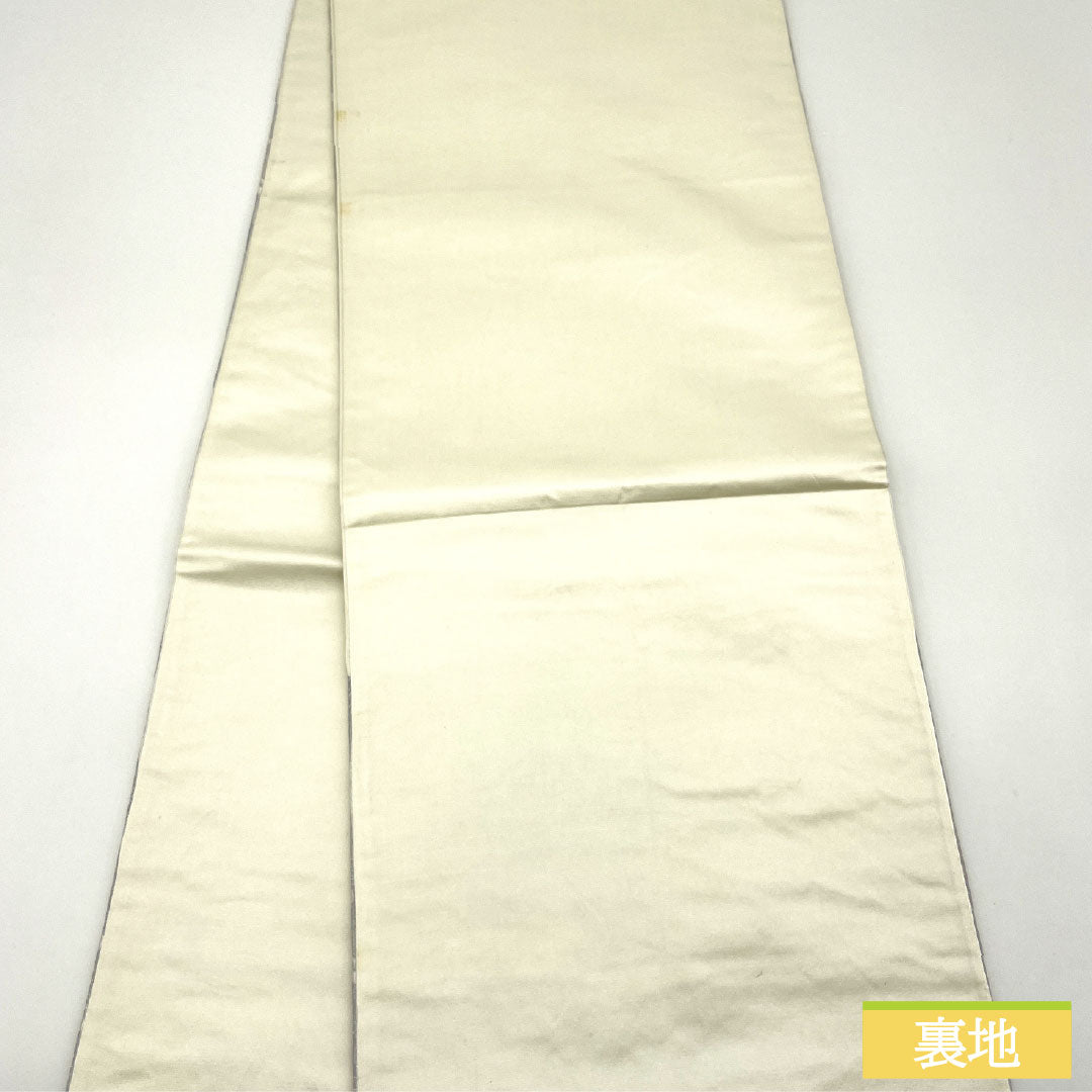 袋帯 正絹 Bランク 白銅色（はくどういろ） 西陣織 波涛鴛鴦 鶴 帯丈424cm 六通 フォーマル グレー系 1123016084322