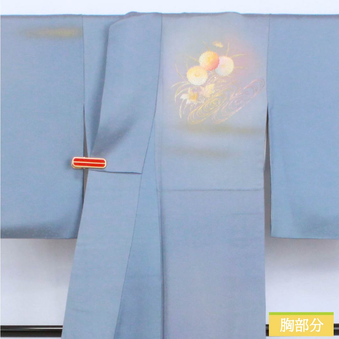 Homongi Silk B-Rank Awase (lined kimono) Length 164.5cm, Sleeve-to-sleeve 64cm Forget-me-not color. Tsukesage by Kosei Wada, Gold-embossed Yuzen, Flowing Water and Plants, Blue system. 1112007784417