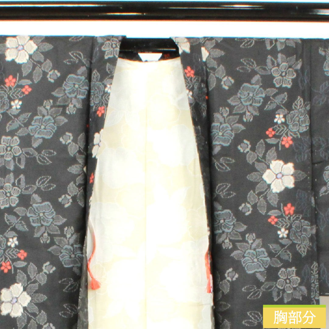 羽織 正絹 身丈83cm 裄丈65.5cm 村山大島 草花模様 しつけ糸付き 未使用品 Sランク 袷 黒系 1117001142910