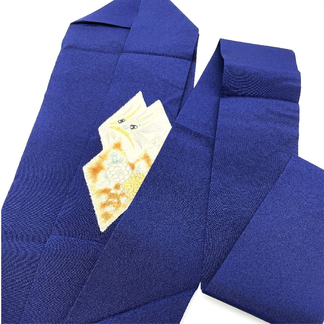 名古屋帯 松皮菱 花模様 染帯 縮緬帯丈380.5cm 正絹 Aランク ポイント柄 カジュアル 紺系 1124001583318  名古屋仕立て