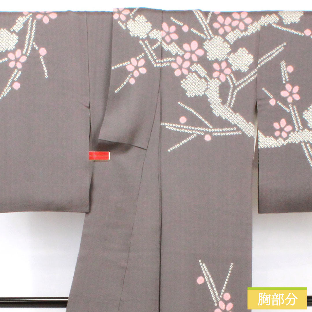 訪問着 正絹 袷 身丈164cm 裄丈63.5cm 藍鼠色（あいねずいろ） 部分絞り 桜 Aランク グレー系 1112005773422
