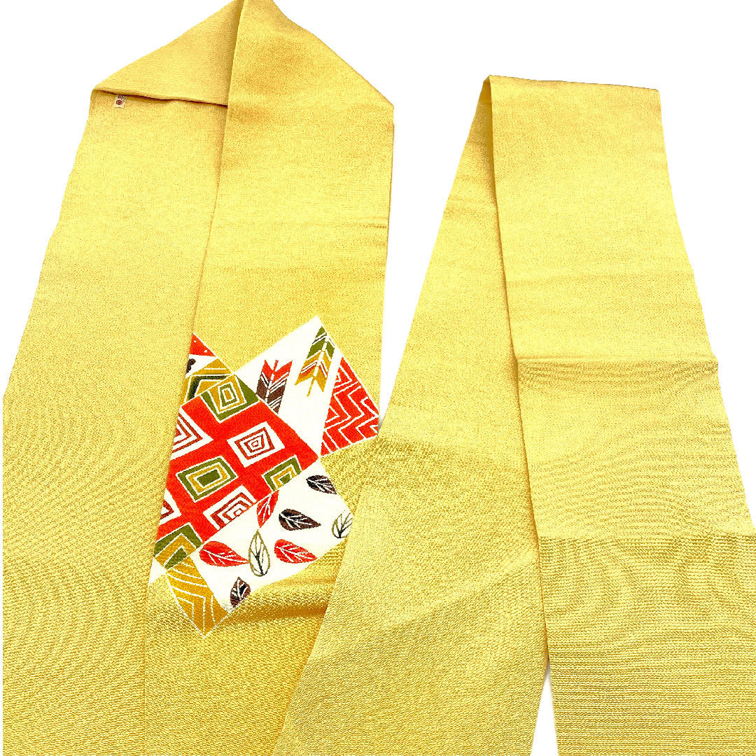 名古屋帯 京紅型 染め帯 縮緬 吉祥文様 帯丈360.5cm 正絹 Aランク ポイント柄 カジュアル 黄系 1124001983323  名古屋仕立て