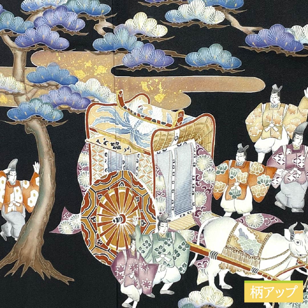黒留袖 正絹 Aランク 身丈163.5cm 裄丈64.5cm 袷 京友禅 時代人物風景模様 五つ紋 丸に並び扇 比翼付き 五つ紋 黒系 1111002293410