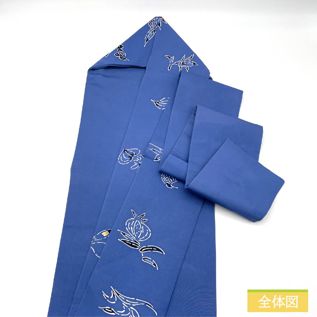 Nagoya Obi, Pure Silk, Grade A, Tsuyukusairo (Dew Grass Green), Stencil Dyed with Bingata-inspired Floral Pattern, 350cm Long, Pointed Pattern, Casual Style, Blue, Product Number: 1124010583317, Nagoya Style