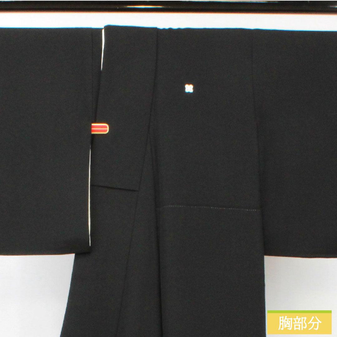 Black formal kimono, pure silk, length 156.5cm, sleeve length 63cm, lined, Kotobuki weave, historical figures and landscapes, new repelling processing, five crests, different hawk feathers, S rank, black, 1111001332310