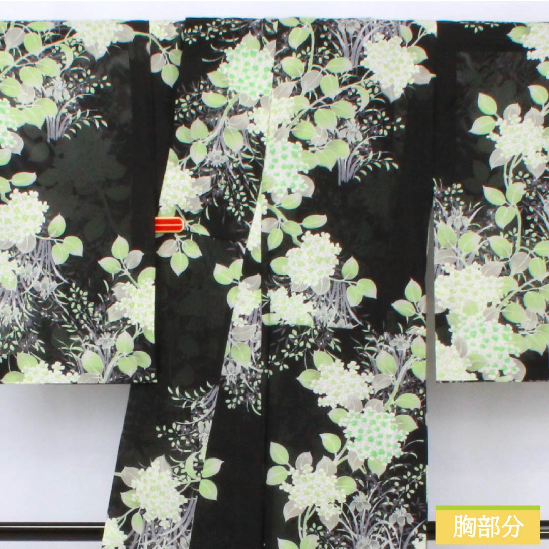 夏物 ポリエステル 小紋 身丈167cm 裄丈63.5cm 紫陽花 菖蒲 洗える着物 絽 Aランク 黒系 1132002283510