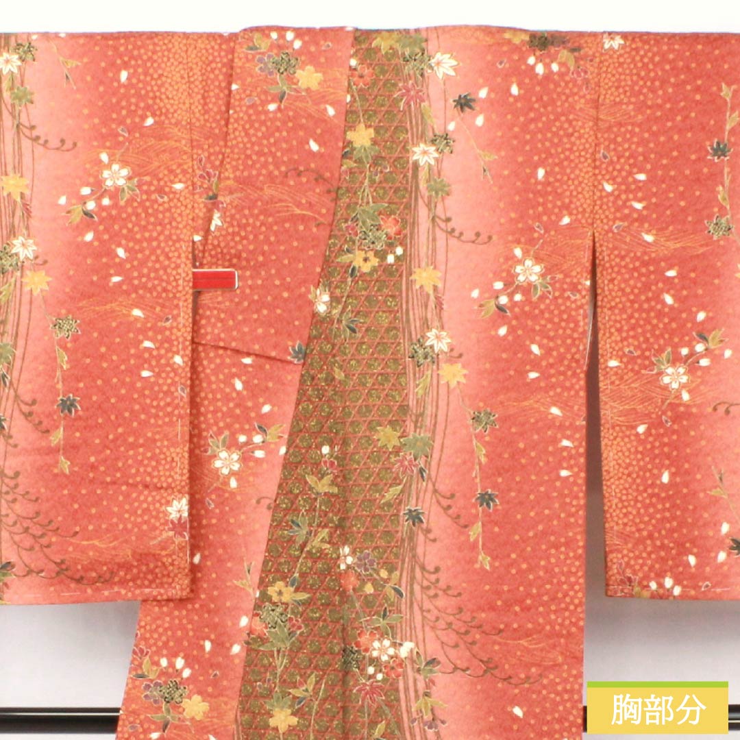 小紋 正絹 身丈163cm 裄丈64cm 袷 赤蘇芳色（あかすおういろ） 籠目 花 しつけ糸付き Sランク 朱系 1115005692416