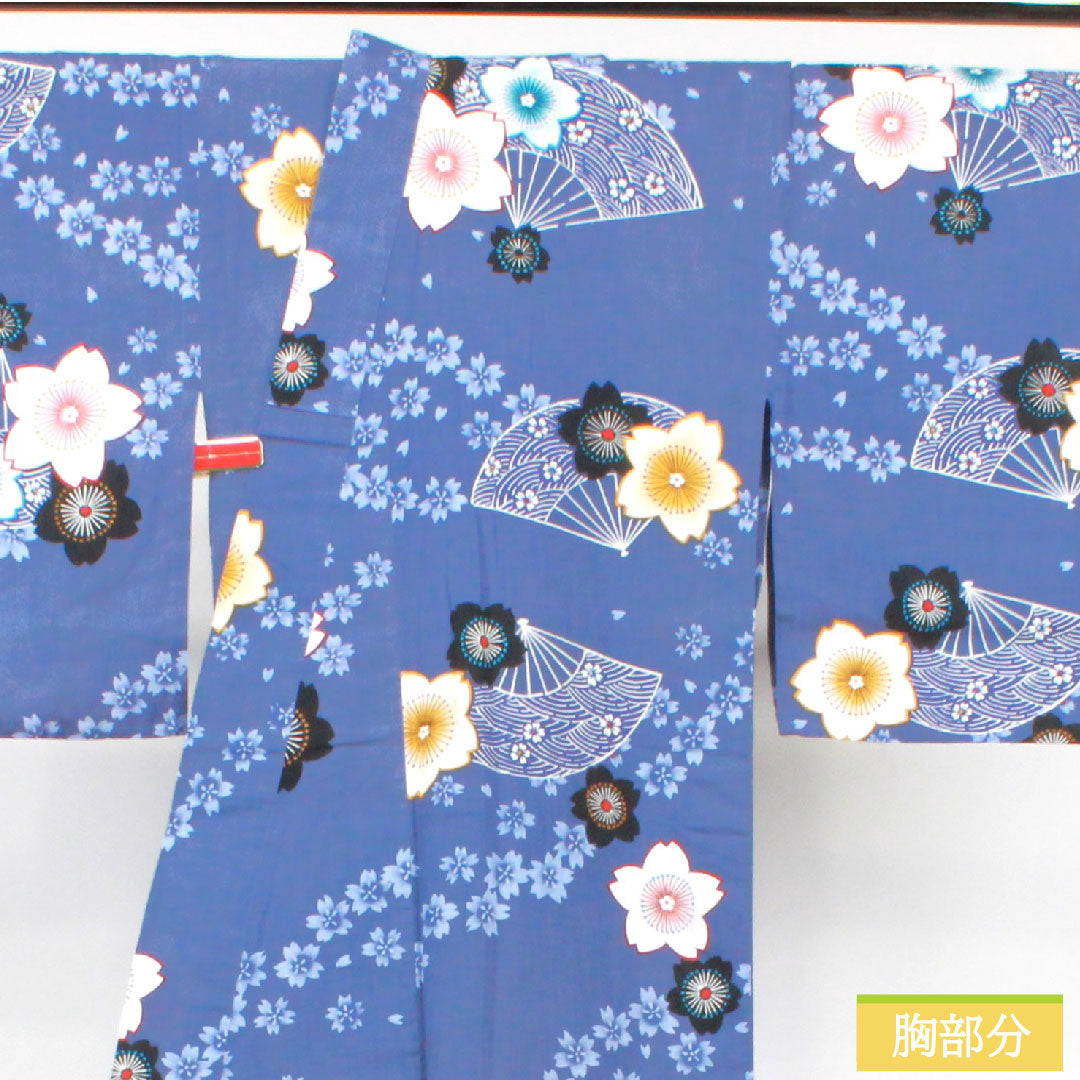 浴衣 木綿 身丈160cm 裄丈64cm Sランク 単衣 青系 江戸納戸色（えどなんどいろ） 桜 扇子 1118005192417