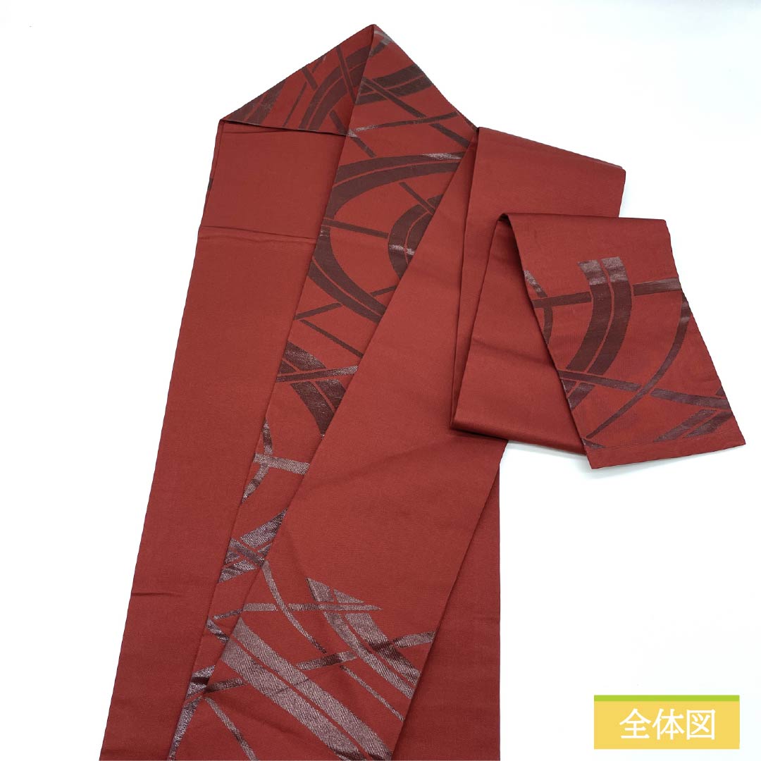名古屋帯 正絹 Sランク 生臙脂色（しょうえんじいろ） うるし箔 番傘 帯丈353cm 六通 カジュアル 朱系 1124010502316 名古屋仕立て