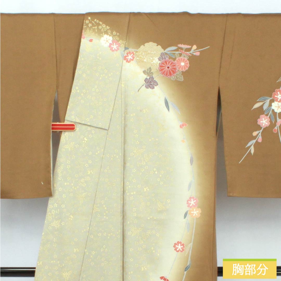 訪問着 正絹 Sランク 袷 身丈169cm 裄丈68cm 糞色（ばばいろ） 京友禅 竹垣 花 橙系 1112006492526