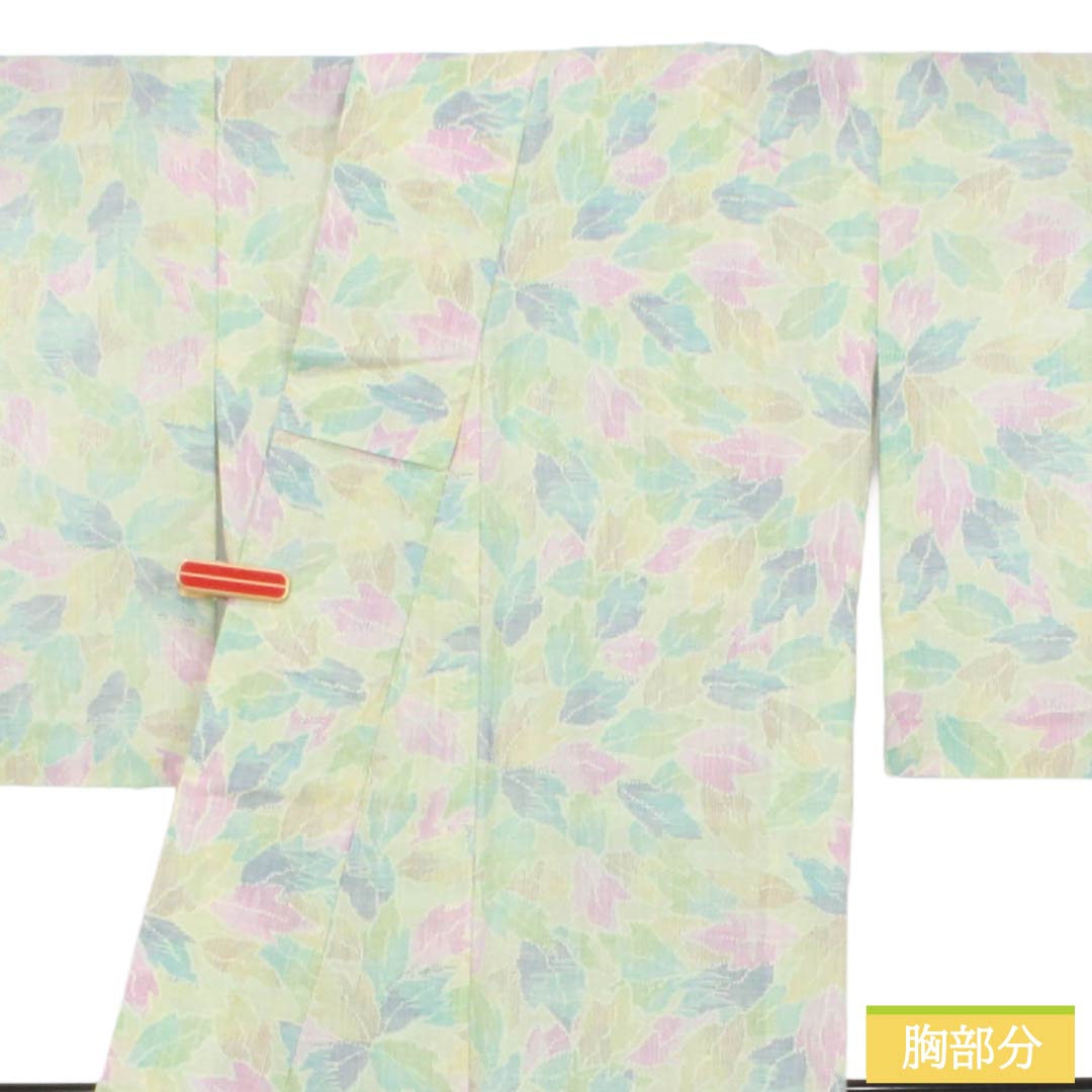 夏物 ポリ70%・毛30% 小紋 Sランク 身丈151.5cm 裄丈64cm 薄緑色（うすみどりいろ） 草葉模様 紗 緑系 1132007142219