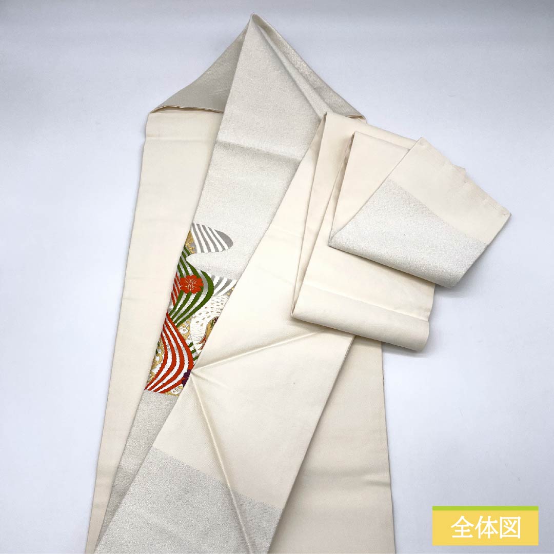 名古屋帯 おしどり 桜 波 帯丈364cm 正絹 Aランク ポイント柄 セミフォーマル 銀系 1124008933322 名古屋仕立て