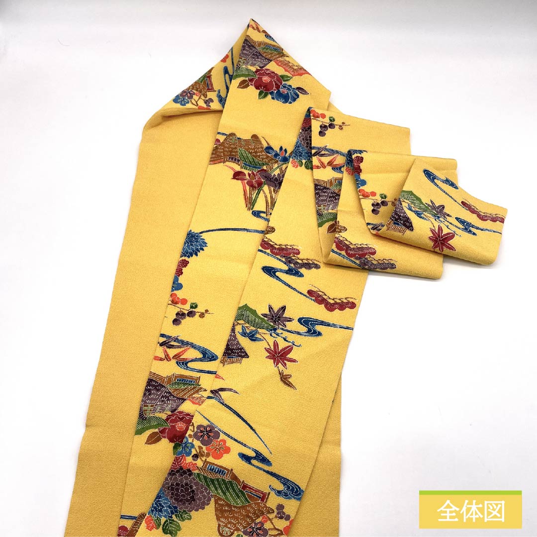 名古屋帯 正絹 Aランク 卵色（たまごいろ） ちりめん地 京紅型 三越ちりめん 帯丈347cm 全通 カジュアル 黄系 1124009193323 名古屋仕立て