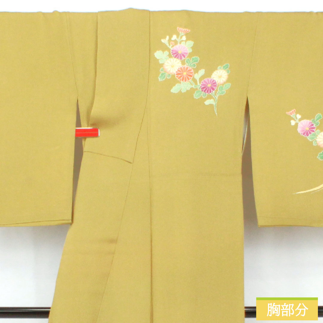 Homongi, pure silk, lined, length 155.5cm, sleeve length 67.5cm, Karakaneiro, Kyoto Yuzen, crepe, floral pattern, A rank, green, 1112005953319