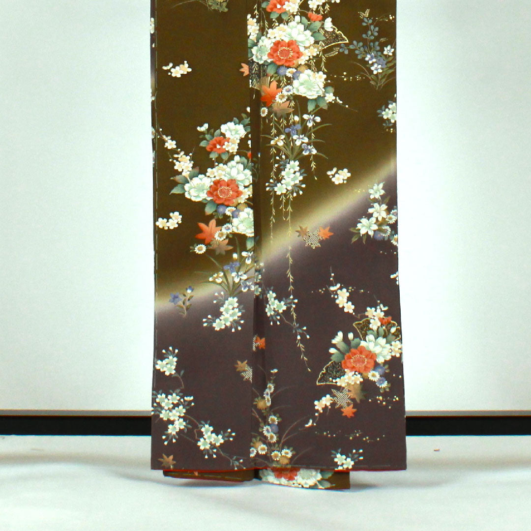 小紋 身丈164cm 裄丈67cm 袷  染め分け 草花模様  正絹 Sランク 緑系 1115001392419