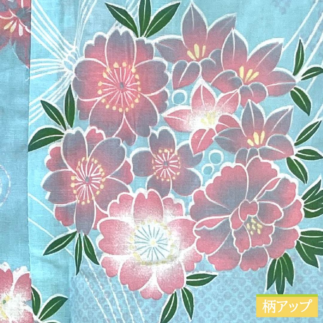 浴衣 木綿 Sランク 身丈165.5cm 裄丈66cm 桜 単衣 水色系 1118007072524