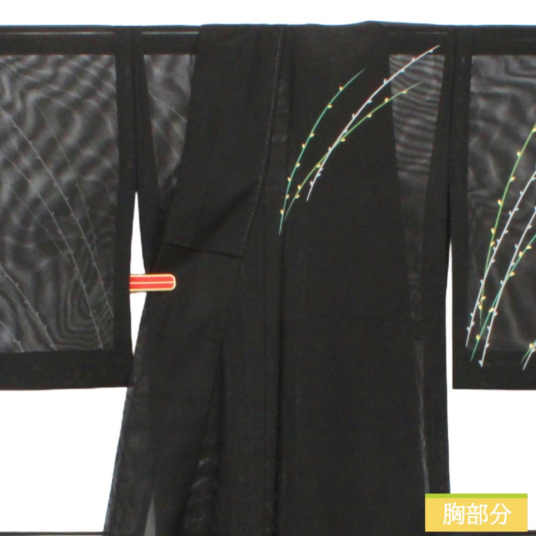 夏物 ポリエステル 付下げ Aランク 身丈154.5cm 裄丈64cm 枝模様 洗える着物 絽 黒系 1132005233210