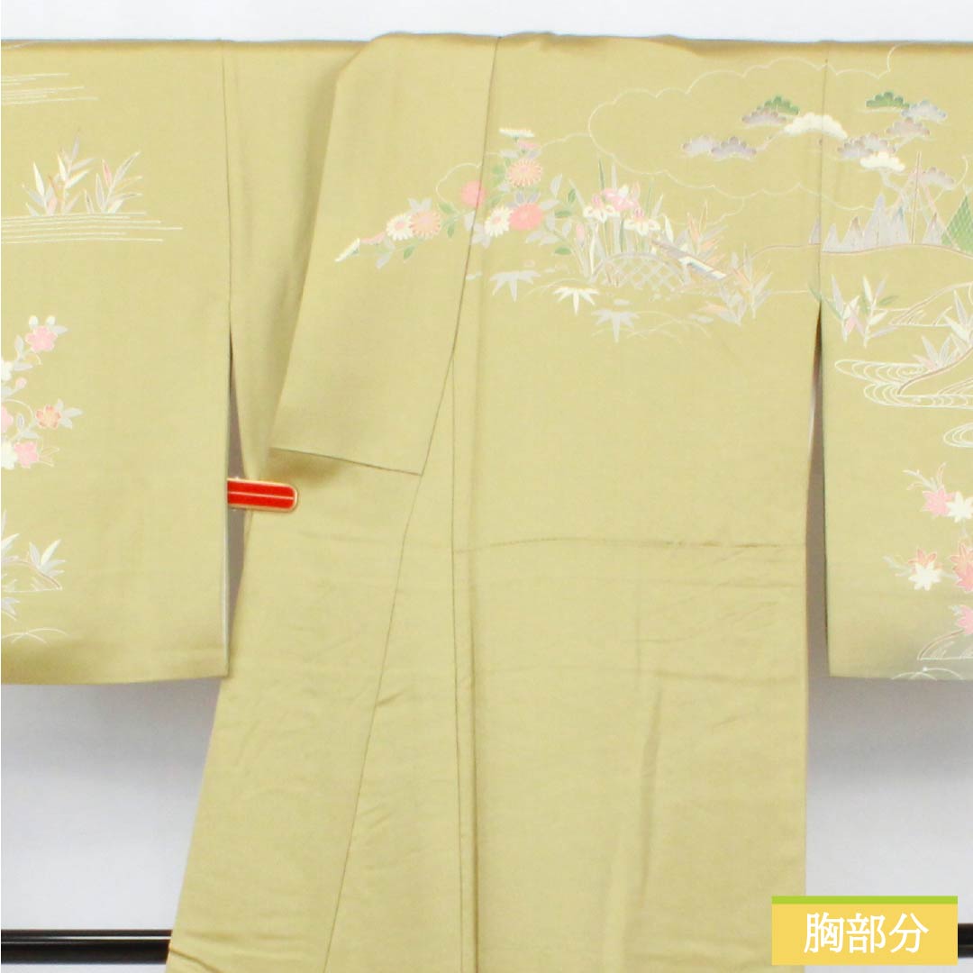 訪問着 正絹 Aランク 袷 身丈171.5cm 裄丈69cm 玉子鼠色（たまごねずいろ） 京友禅 網干 風景模様 黄系 1112006093623